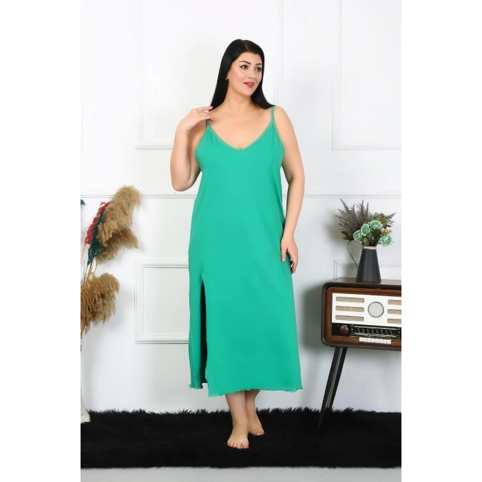 Moda Çizgi Kadın Büyük Beden İp Askılı Pamuklu Yeşil Uzun Gecelik 12100