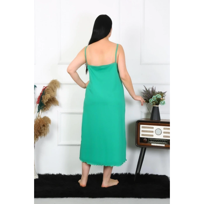 Moda Çizgi Kadın Büyük Beden İp Askılı Pamuklu Yeşil Uzun Gecelik 12100