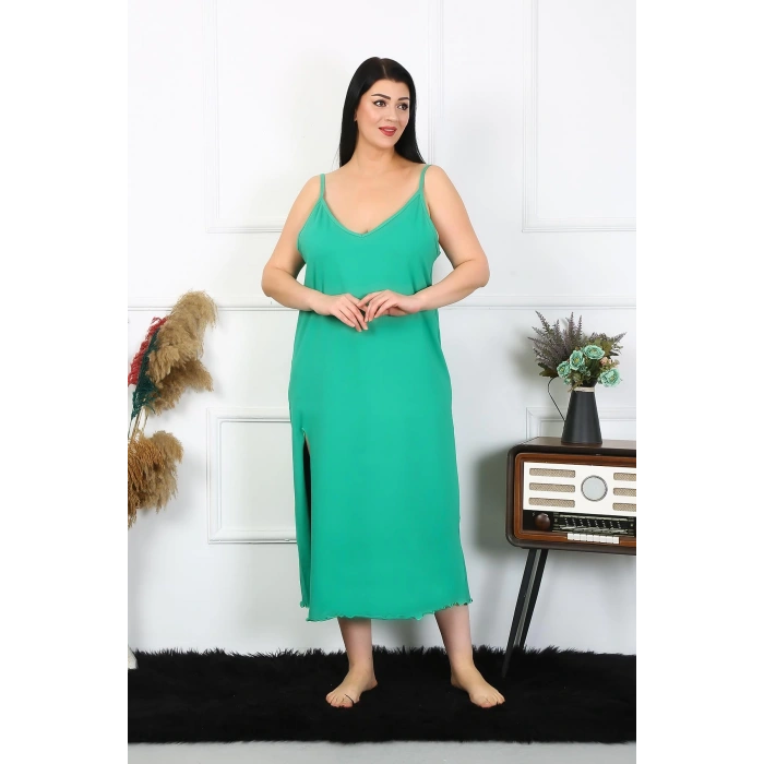 Moda Çizgi Kadın Büyük Beden İp Askılı Pamuklu Yeşil Uzun Gecelik 12100