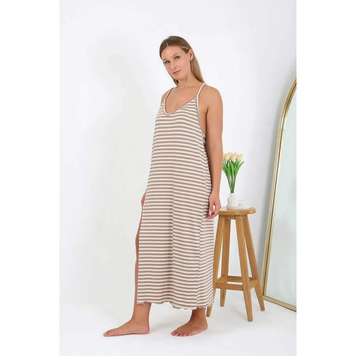 Moda Çizgi Kadın Büyük Beden İp Askılı Uzun Gecelik 12109 Sütlü Kahve
