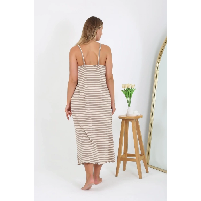 Moda Çizgi Kadın Büyük Beden İp Askılı Uzun Gecelik 12109 Sütlü Kahve