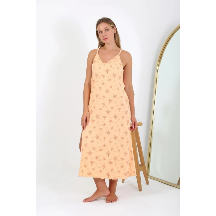 Moda Çizgi Kadın Büyük Beden İp Askılı Uzun Gecelik 12110