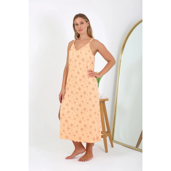 Moda Çizgi Kadın Büyük Beden İp Askılı Uzun Gecelik 12110