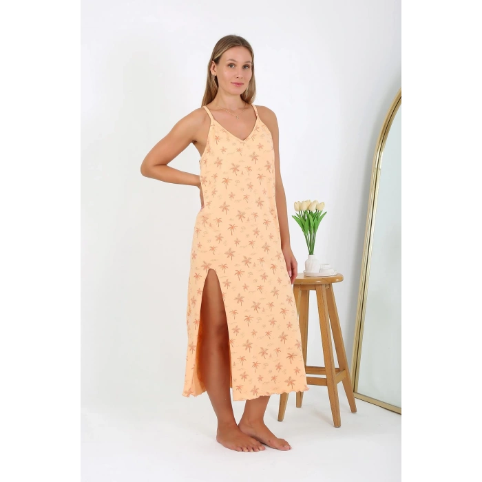 Moda Çizgi Kadın Büyük Beden İp Askılı Uzun Gecelik 12110