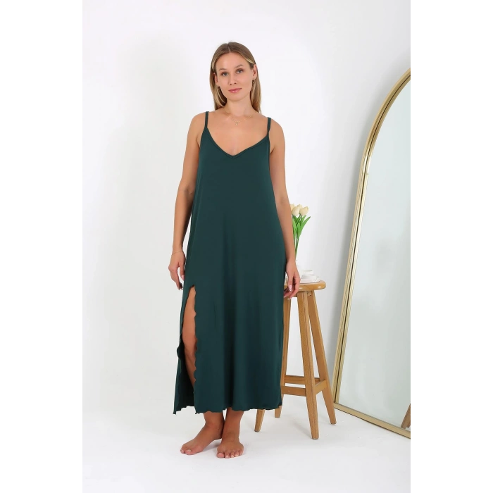 Moda Çizgi Kadın Büyük Beden İp Askılı Uzun Gecelik 12111