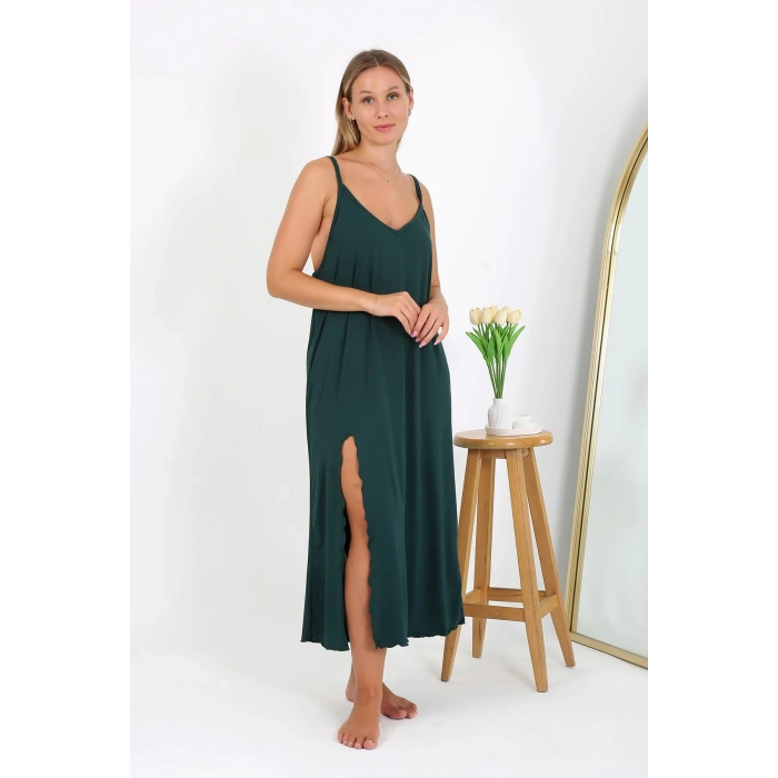 Moda Çizgi Kadın Büyük Beden İp Askılı Uzun Gecelik 12111