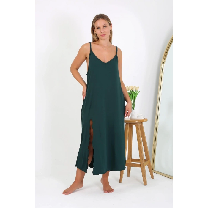 Moda Çizgi Kadın Büyük Beden İp Askılı Uzun Gecelik 12111