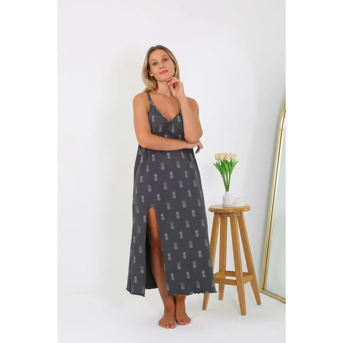 Moda Çizgi Kadın Büyük Beden İp Askılı Uzun Gecelik 12112