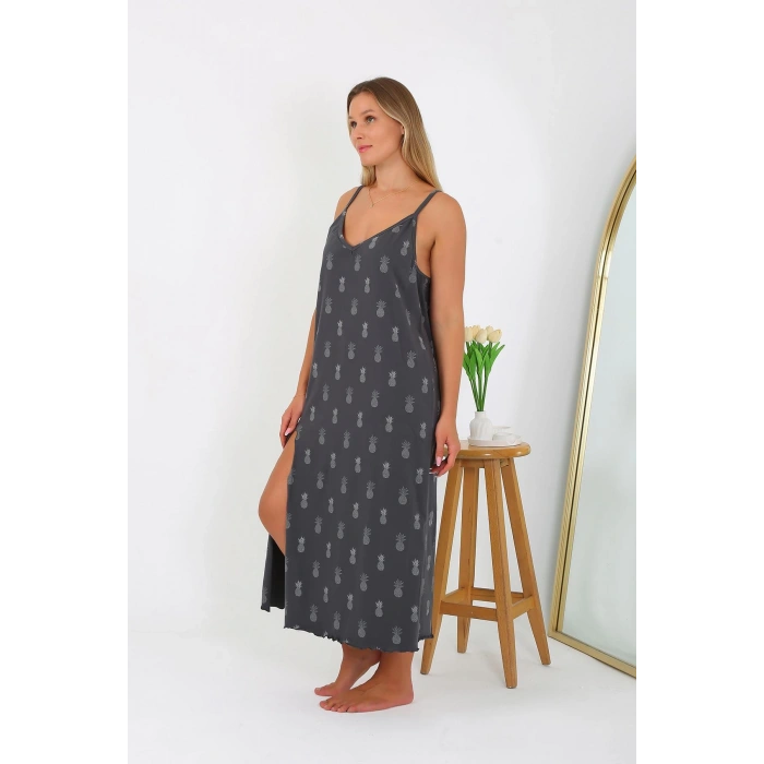 Moda Çizgi Kadın Büyük Beden İp Askılı Uzun Gecelik 12112