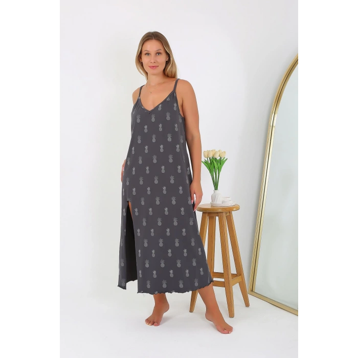 Moda Çizgi Kadın Büyük Beden İp Askılı Uzun Gecelik 12112