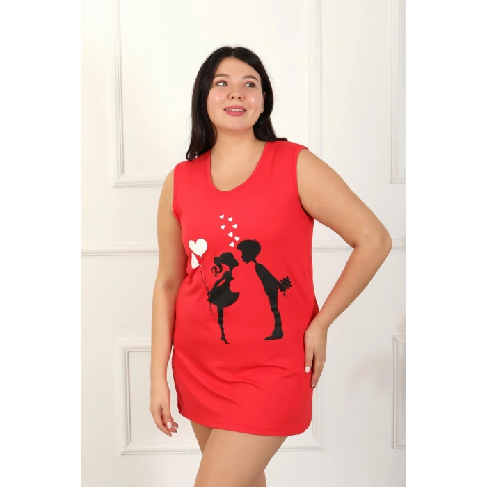 Moda Çizgi Kadın Büyük Beden Kalın Askılı Penye Diz Üstü Kırmızı Gecelik 12501