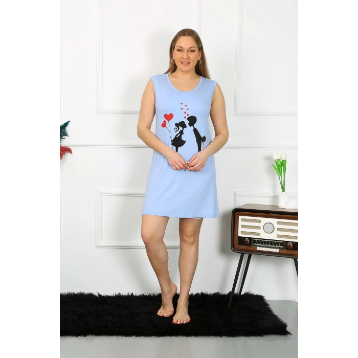 Moda Çizgi Kadın Büyük Beden Kalın Askılı Penye Diz Üstü Mavi Gecelik 12501