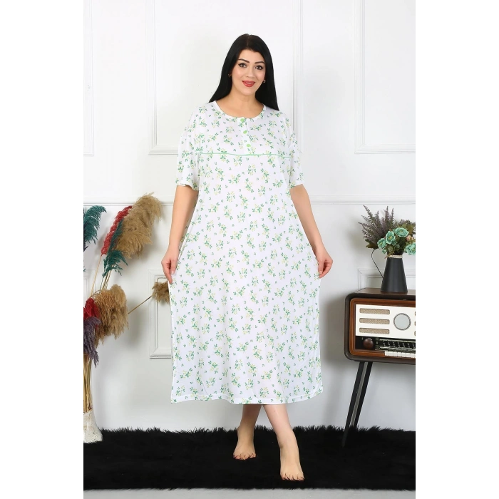 Moda Çizgi Kadın Büyük Beden Kısa Kol Beyaz Anne Gecelik 1372