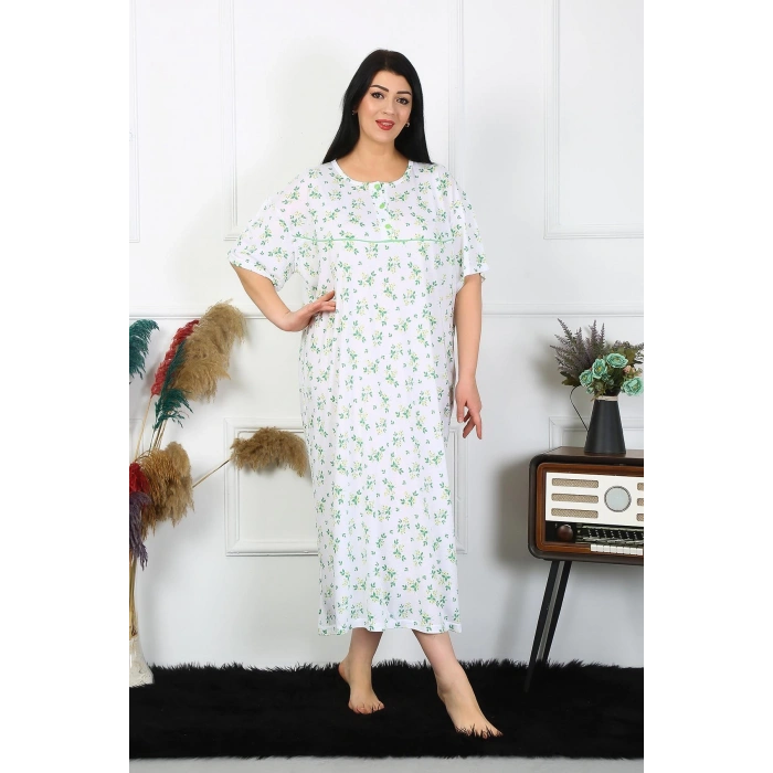 Moda Çizgi Kadın Büyük Beden Kısa Kol Beyaz Anne Gecelik 1372