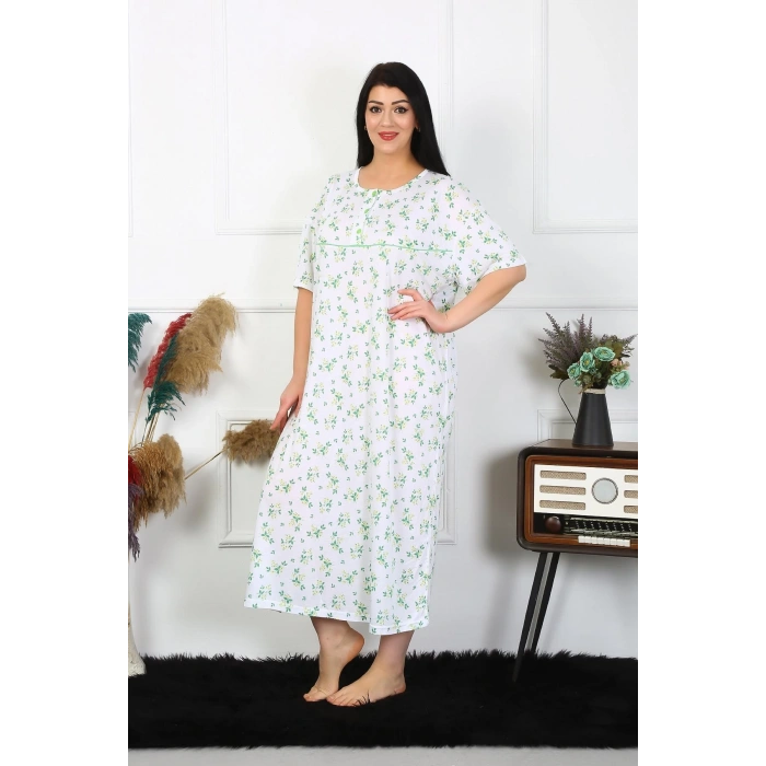 Moda Çizgi Kadın Büyük Beden Kısa Kol Beyaz Anne Gecelik 1372