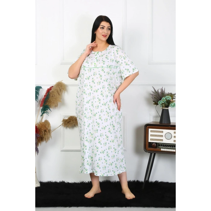 Moda Çizgi Kadın Büyük Beden Kısa Kol Beyaz Anne Gecelik 1372
