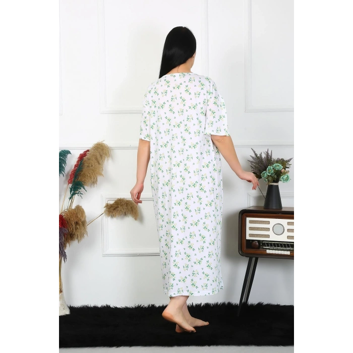 Moda Çizgi Kadın Büyük Beden Kısa Kol Beyaz Anne Gecelik 1372