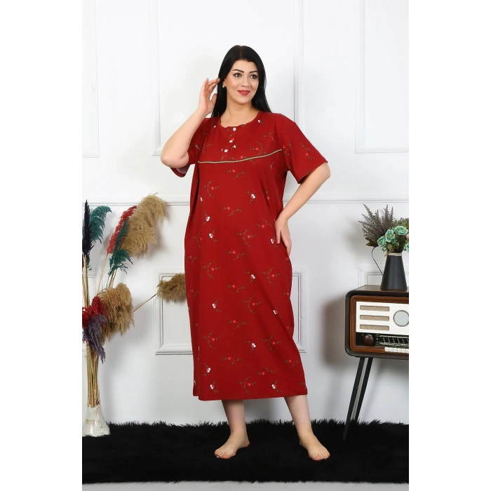 Moda Çizgi Kadın Büyük Beden Kısa Kol Bordo Anne Gecelik 1370