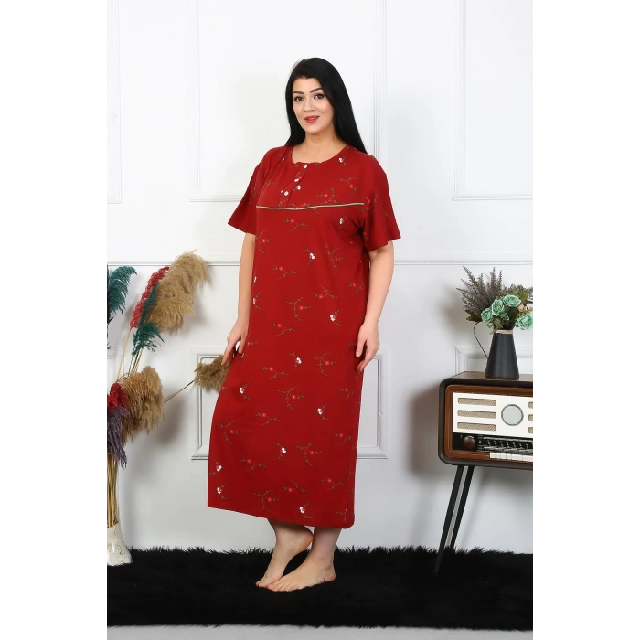 Moda Çizgi Kadın Büyük Beden Kısa Kol Bordo Anne Gecelik 1370
