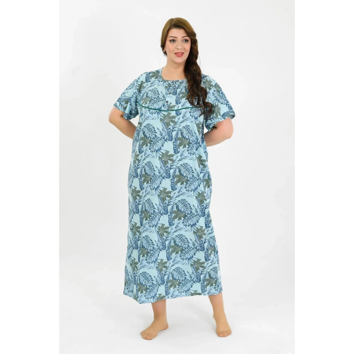 Moda Çizgi Kadın Büyük Beden Kısa Kol Mavi Anne Gecelik 1377