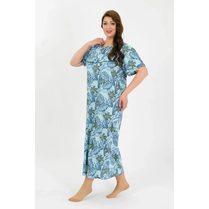 Moda Çizgi Kadın Büyük Beden Kısa Kol Mavi Anne Gecelik 1377