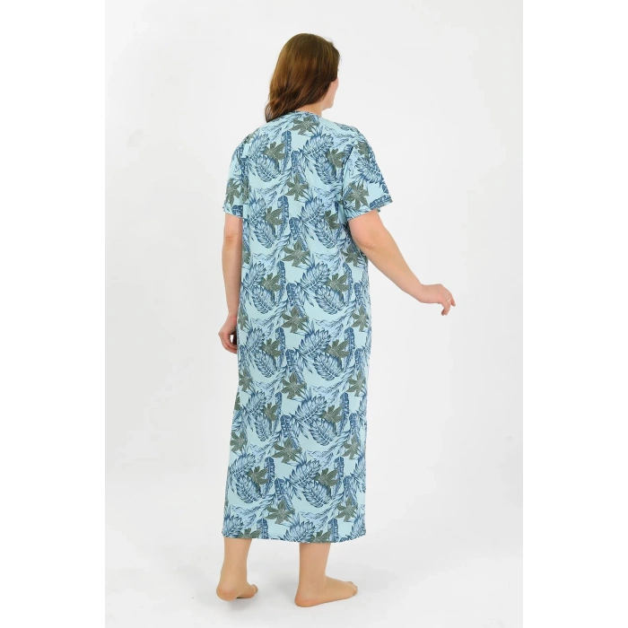 Moda Çizgi Kadın Büyük Beden Kısa Kol Mavi Anne Gecelik 1377