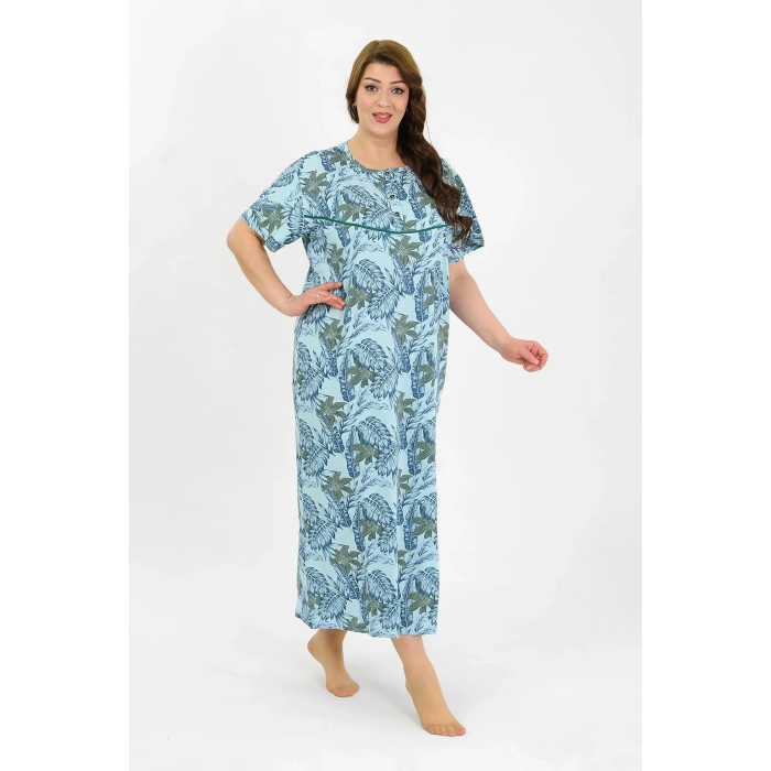 Moda Çizgi Kadın Büyük Beden Kısa Kol Mavi Anne Gecelik 1377