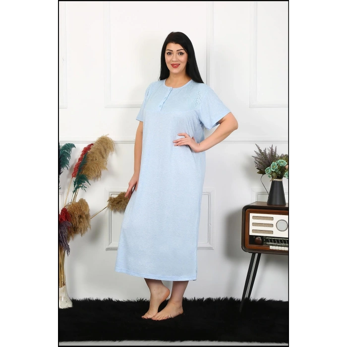 Moda Çizgi Kadın Büyük Beden Kısa Kol Mavi Dantelli Anne Gecelik 1376