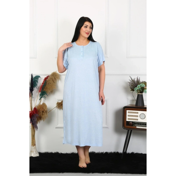 Moda Çizgi Kadın Büyük Beden Kısa Kol Mavi Dantelli Anne Gecelik 1376