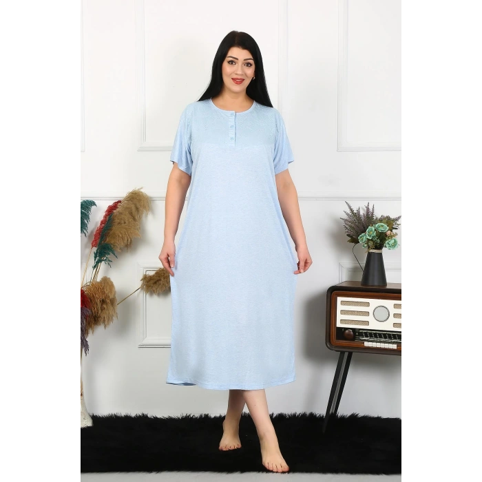 Moda Çizgi Kadın Büyük Beden Kısa Kol Mavi Dantelli Anne Gecelik 1376