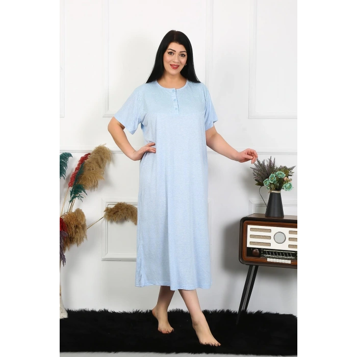 Moda Çizgi Kadın Büyük Beden Kısa Kol Mavi Dantelli Anne Gecelik 1376