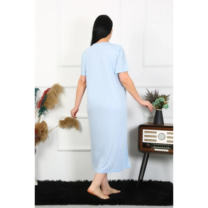 Moda Çizgi Kadın Büyük Beden Kısa Kol Mavi Dantelli Anne Gecelik 1376