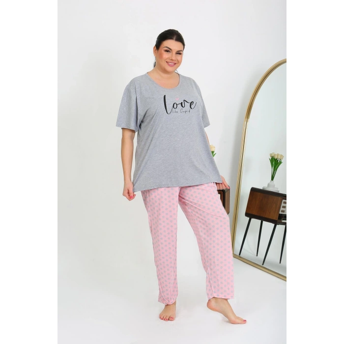 Moda Çizgi Kadın Büyük Beden Kısa Kol Penye Pijama Takımı Gri 202408