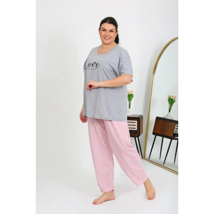 Moda Çizgi Kadın Büyük Beden Kısa Kol Penye Pijama Takımı Gri 202408
