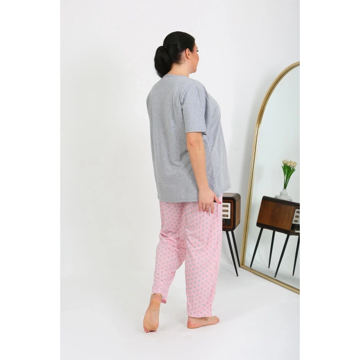 Moda Çizgi Kadın Büyük Beden Kısa Kol Penye Pijama Takımı Gri 202408