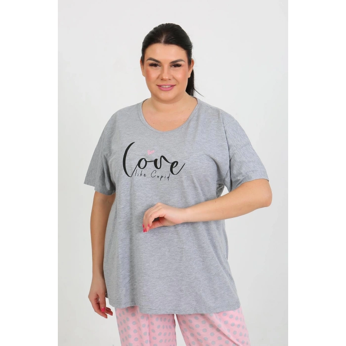 Moda Çizgi Kadın Büyük Beden Kısa Kol Penye Pijama Takımı Gri 202408