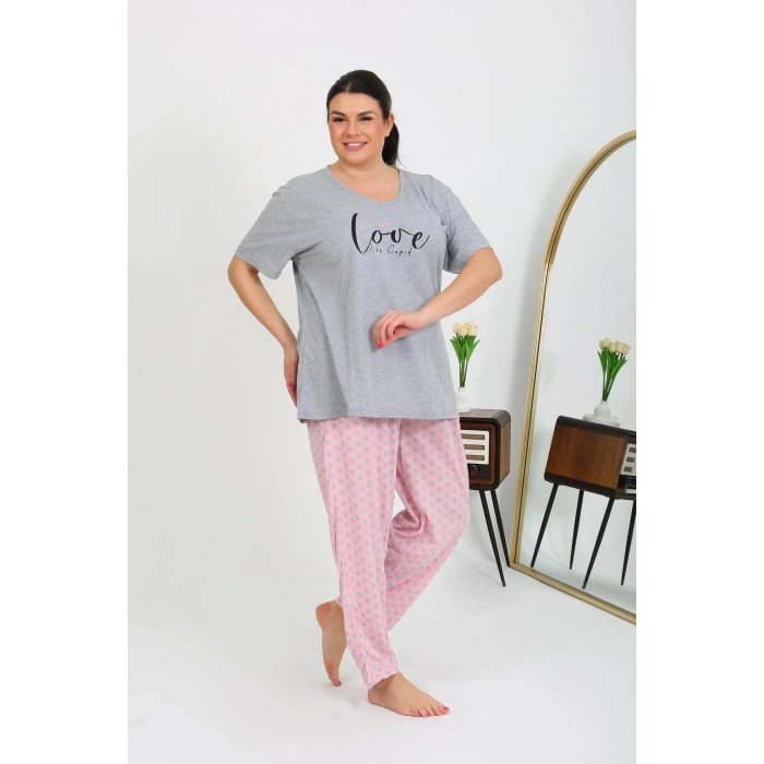 Moda Çizgi Kadın Büyük Beden Kısa Kol Penye Pijama Takımı Gri 202408