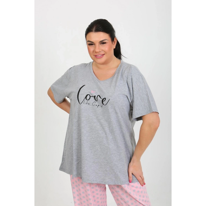 Moda Çizgi Kadın Büyük Beden Kısa Kol Penye Pijama Takımı Gri 202408