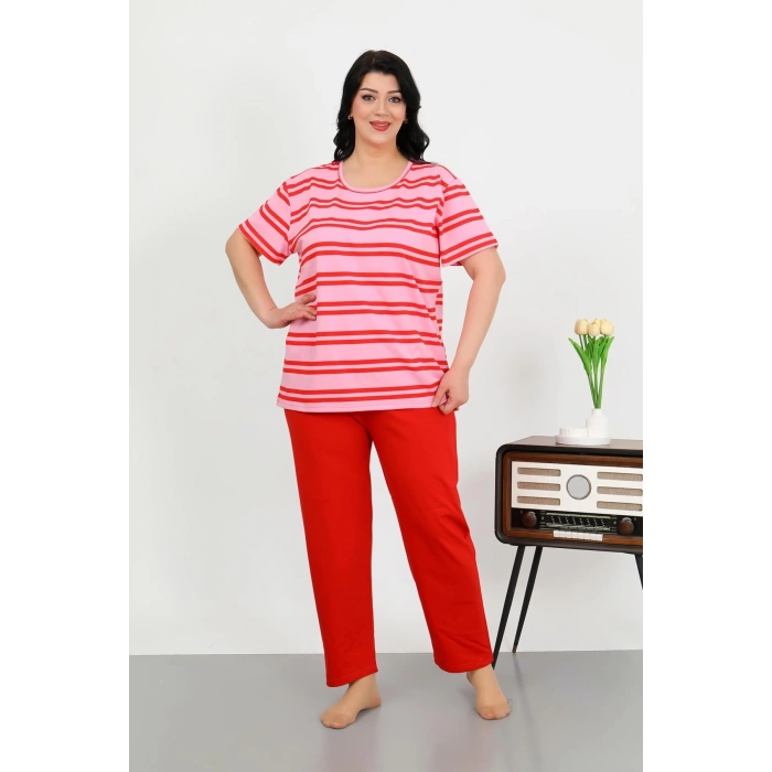 Moda Çizgi Kadın Büyük Beden Kısa Kol Penye Pijama Takımı Kırmızı 202505