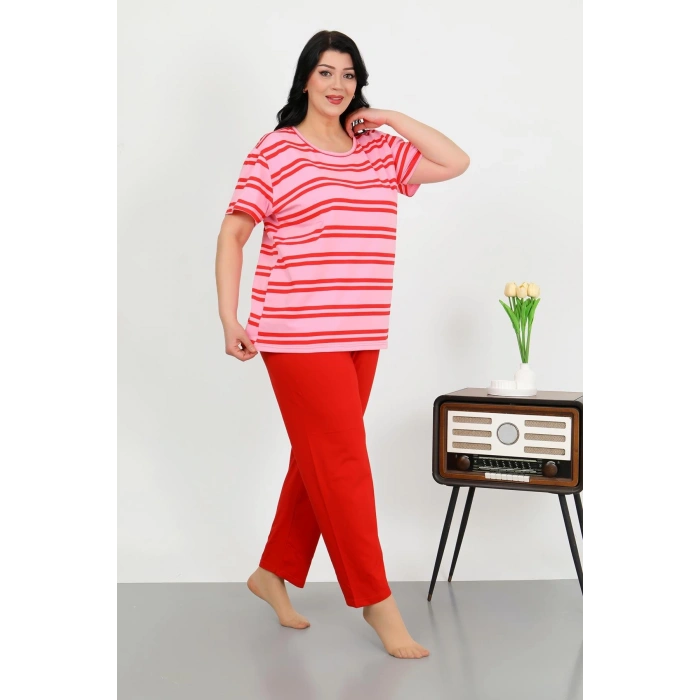 Moda Çizgi Kadın Büyük Beden Kısa Kol Penye Pijama Takımı Kırmızı 202505