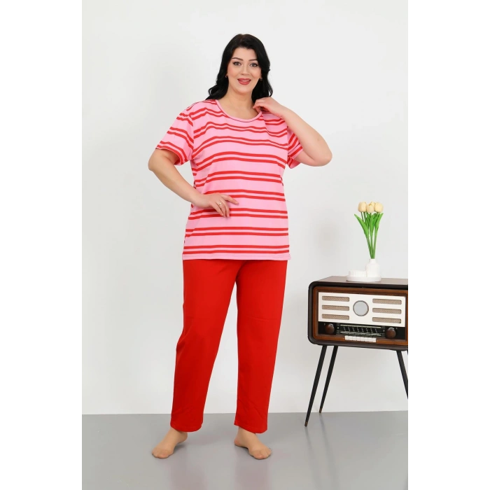 Moda Çizgi Kadın Büyük Beden Kısa Kol Penye Pijama Takımı Kırmızı 202505
