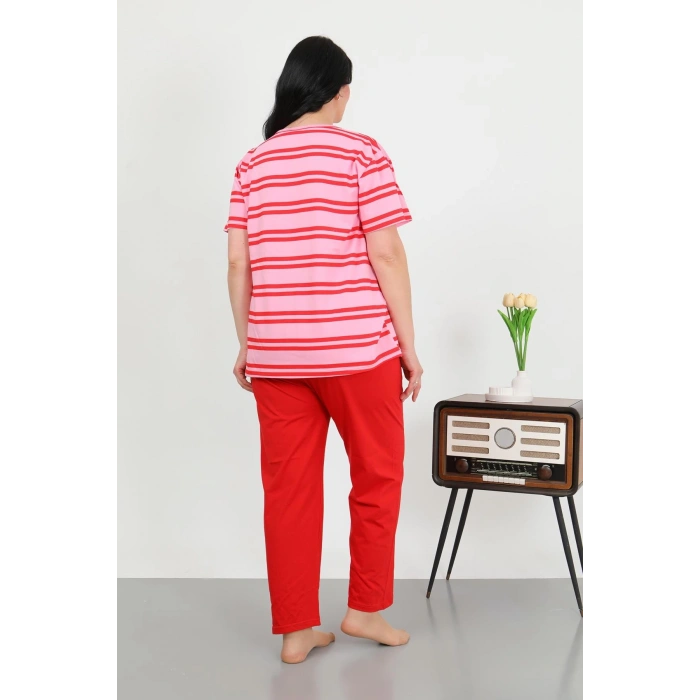 Moda Çizgi Kadın Büyük Beden Kısa Kol Penye Pijama Takımı Kırmızı 202505
