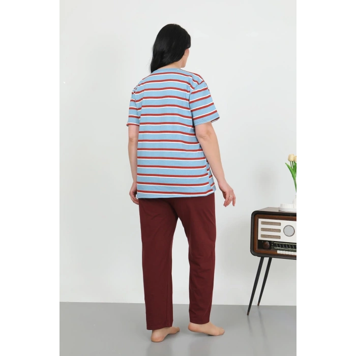 Moda Çizgi Kadın Büyük Beden Kısa Kol Penye Pijama Takımı Mavi 202505