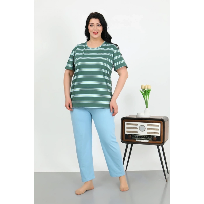Moda Çizgi Kadın Büyük Beden Kısa Kol Penye Pijama Takımı Petrol 202505