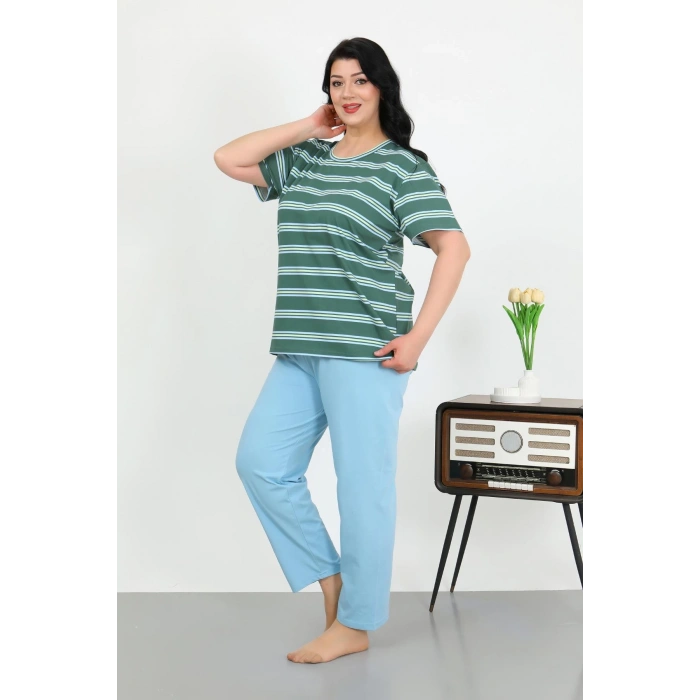 Moda Çizgi Kadın Büyük Beden Kısa Kol Penye Pijama Takımı Petrol 202505