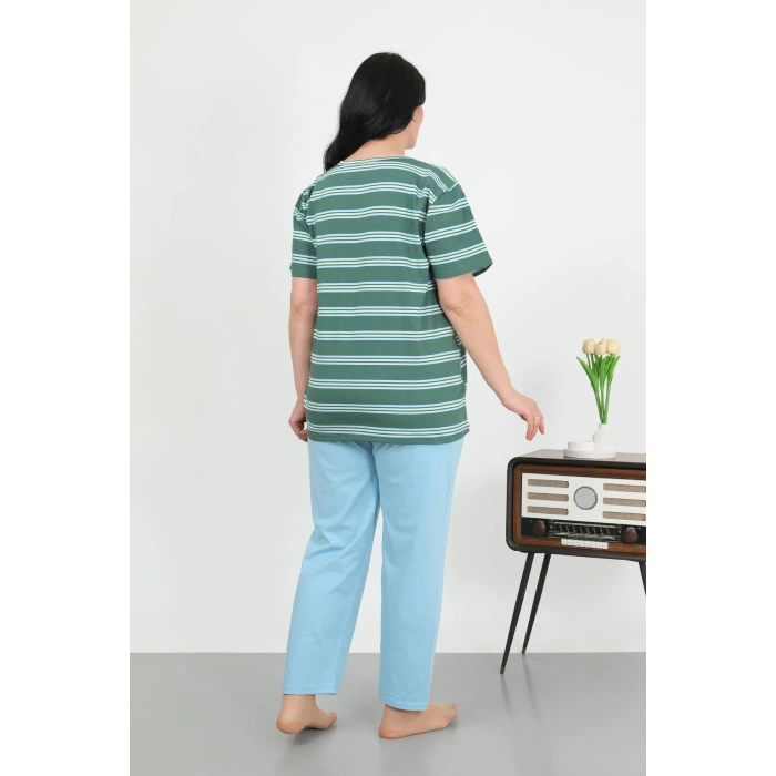 Moda Çizgi Kadın Büyük Beden Kısa Kol Penye Pijama Takımı Petrol 202505