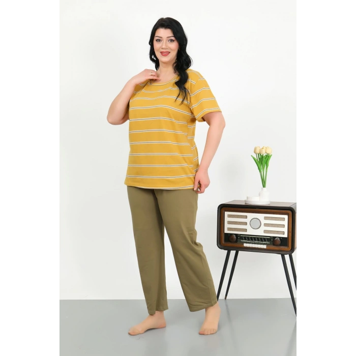 Moda Çizgi Kadın Büyük Beden Kısa Kol Penye Pijama Takımı Sarı 202505