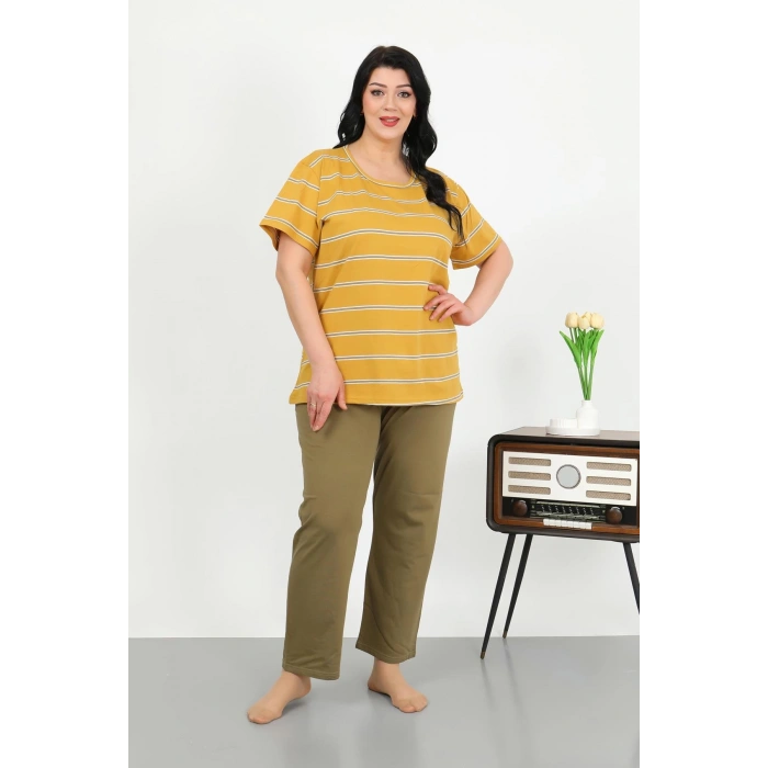 Moda Çizgi Kadın Büyük Beden Kısa Kol Penye Pijama Takımı Sarı 202505