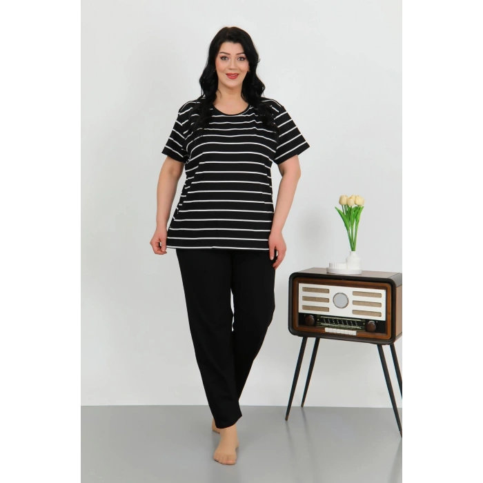 Moda Çizgi Kadın Büyük Beden Kısa Kol Penye Pijama Takımı Siyah 202505