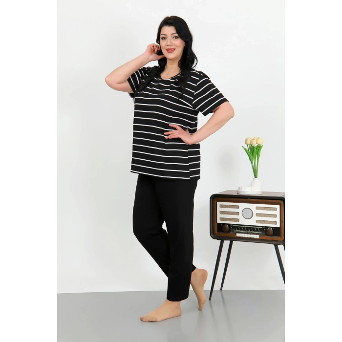 Moda Çizgi Kadın Büyük Beden Kısa Kol Penye Pijama Takımı Siyah 202505